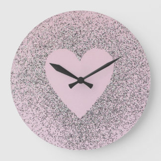 Grey Glitter Canvas Art with Pink Heart Large Clock