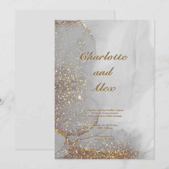 Grey Glitter Chic Alcohol Ink Wedding Invitation (Front/Back)