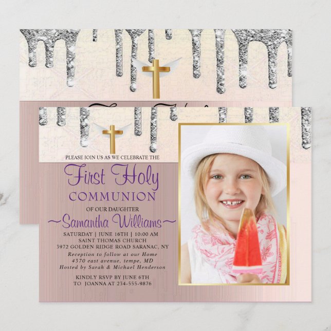 Grey Glitter Drips Photo First Communion Invitation (Front/Back)