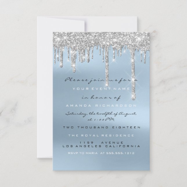 Grey Glitter Drips Silver Blue Bridal Sweet 16th Invitation (Front)