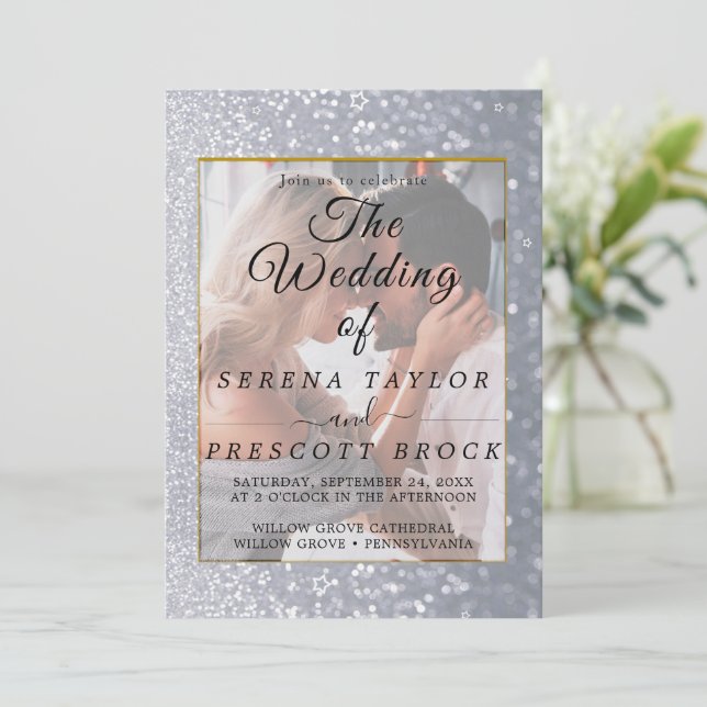 Grey Glitter Elegant Vellum Wedding Invitation (Standing Front)
