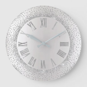 Grey Glitter Grey Silver Roman Numbers Elegant Large Clock