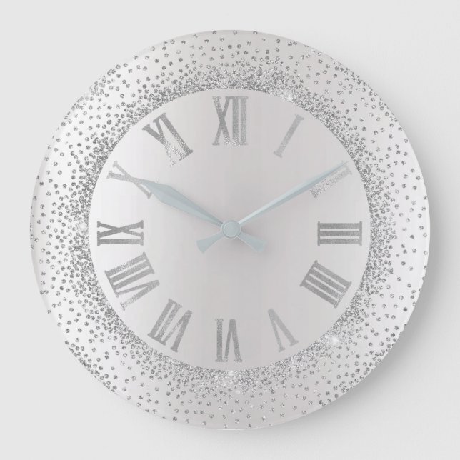 Grey Glitter Grey Silver Roman Numbers Elegant Large Clock (Front)