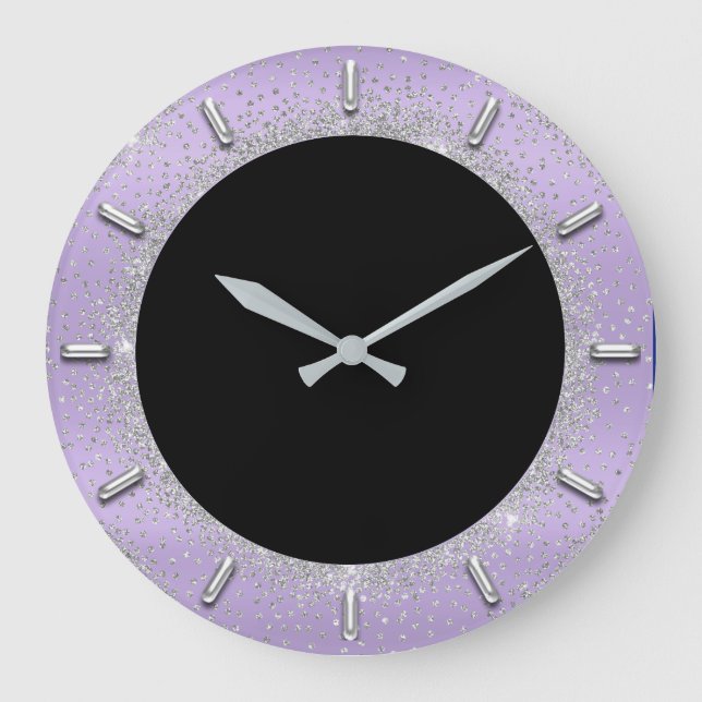 Grey Glitter Silver Grey Black Metal Lavender Large Clock (Front)