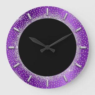 Grey Glitter Silver Grey Black Metal Purple Violet Large Clock