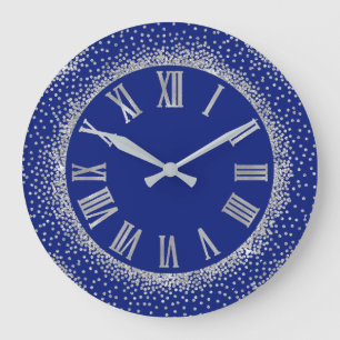 Grey Glitter Silver Roman Number  Indigo Blue Large Clock