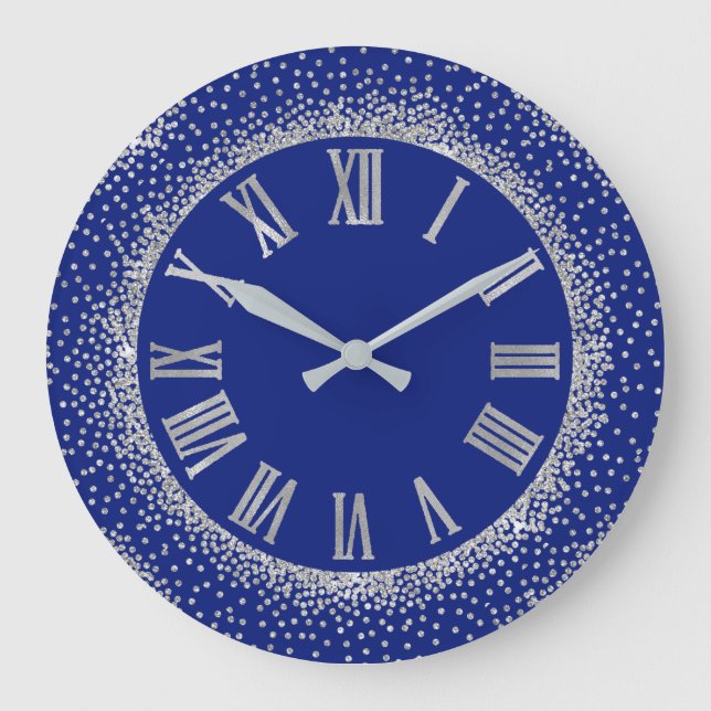 Grey Glitter Silver Roman Number  Indigo Blue Large Clock (Front)