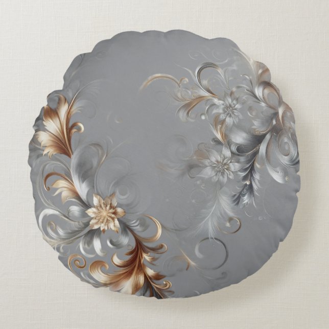 Grey, Gold and Silver Luxe Round Pillow (Front)