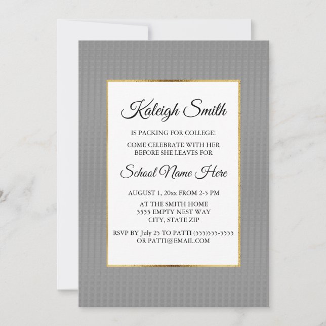 Grey Gold and White Trunk Party Invitation (Front)