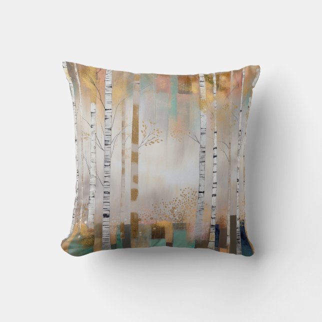 Grey Gold Birch Trees Abstract Forest Cushion (Front)