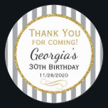 Grey Gold Birthday Thank You Coming Grey Favour Ta Classic Round Sticker<br><div class="desc">Elegant birthday stickers featuring grey and white stripes with sophisticated gold glitter accent frame. These fashionable and stylish birthday stickers will be a hit for any birthday party decor and as favour tags. Great for 21st 30th 35th 40th 45th 50th 55th 60th 65th 70th 75th 80th 85th 90th 95th, 100...</div>