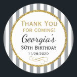 Grey Gold Birthday Thank You Coming Grey Favour Ta Classic Round Sticker<br><div class="desc">Elegant birthday stickers featuring grey and white stripes with sophisticated gold glitter accent frame. These fashionable and stylish birthday stickers will be a hit for any birthday party decor and as favour tags. Great for 21st 30th 35th 40th 45th 50th 55th 60th 65th 70th 75th 80th 85th 90th 95th, 100...</div>