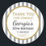 Grey Gold Birthday Thank You Coming Grey Favour Ta Classic Round Sticker<br><div class="desc">Elegant birthday stickers featuring grey and white stripes with sophisticated gold glitter accent frame. These fashionable and stylish birthday stickers will be a hit for any birthday party decor and as favour tags. Great for 21st 30th 35th 40th 45th 50th 55th 60th 65th 70th 75th 80th 85th 90th 95th, 100...</div>