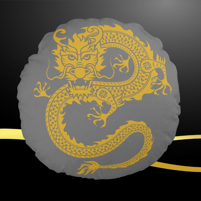 Grey, Gold & Black, Chinese Dragon Zodiac | Round Cushion (Creator Uploaded)
