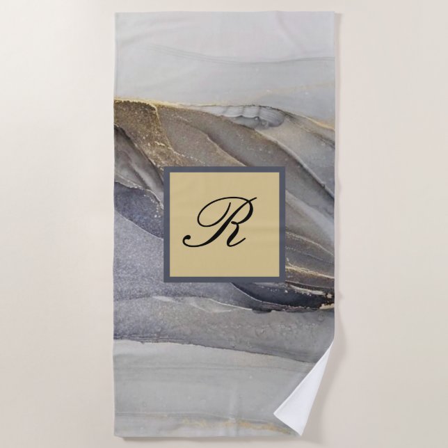 Grey Gold Black Marble Pretty Elegant Monogram Beach Towel (Front)