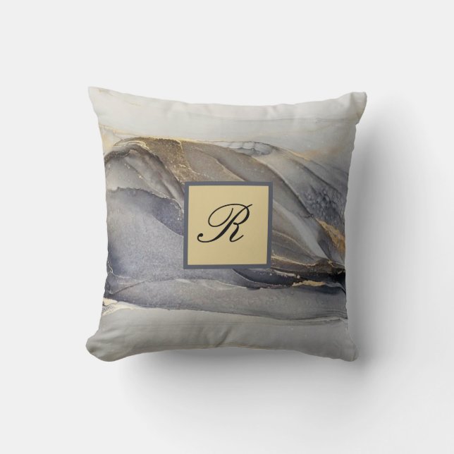 Grey Gold Black Marble Pretty Elegant Monogram Cushion (Front)