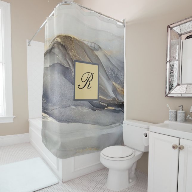 Grey Gold Black Marble Pretty Elegant Monogram Shower Curtain (In Situ)