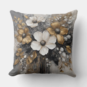 Grey Gold Black White Flowers Cushion