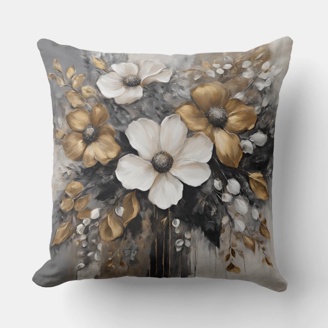 Grey Gold Black White Flowers Cushion (Front)