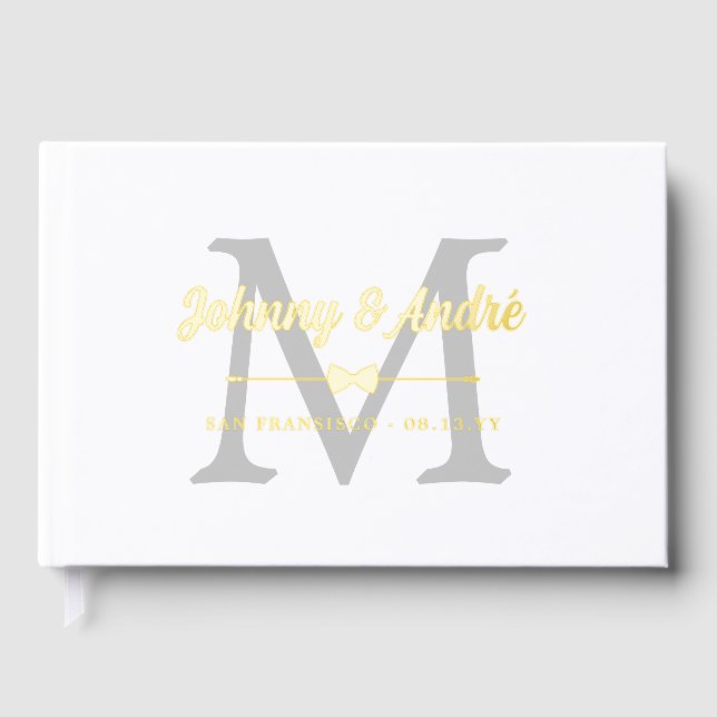 Grey Gold Bowtie Monogram Gay Wedding Guest Book (Front)