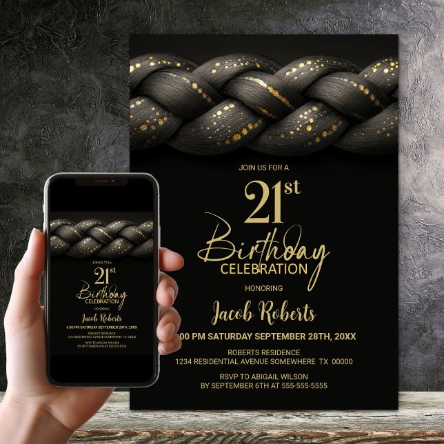 Grey Gold Braid 21st Birthday Party Invitation (Creator Uploaded)