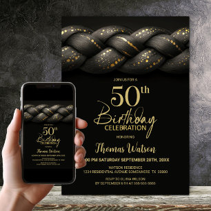 Grey Gold Braid 50th Birthday Party Invitation