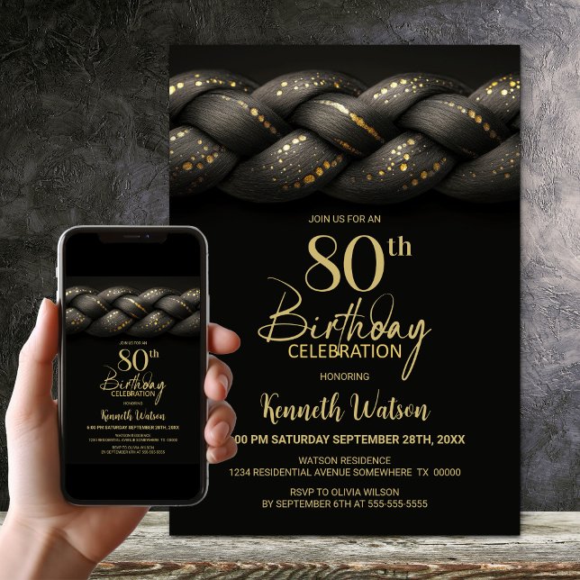 Grey Gold Braid 80th Birthday Party Invitation (Creator Uploaded)