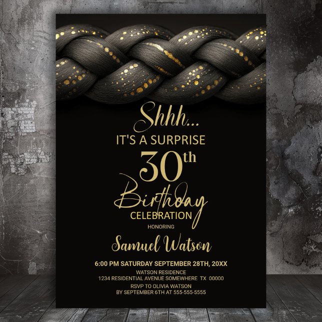 Grey Gold Braid Surprise 30th Birthday Party Invitation (Creator Uploaded)