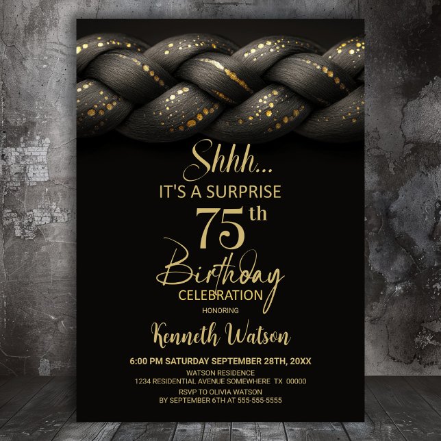 Grey Gold Braid Surprise 75th Birthday Party Invitation (Creator Uploaded)