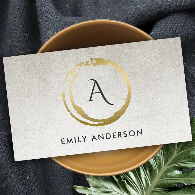 GREY GOLD BRUSH STROKE STAIN CIRCLE LOGO MONOGRAM BUSINESS CARD (Creator Uploaded)