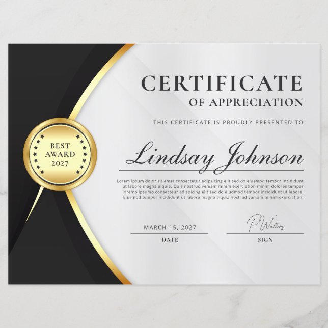 Grey & Gold Certificate of Appreciation Flyer (Front)