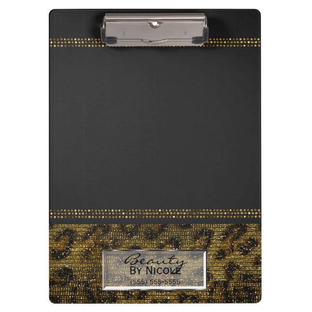 Grey & Gold Cheetah Leopard Glam Personalised Clipboard (Front)