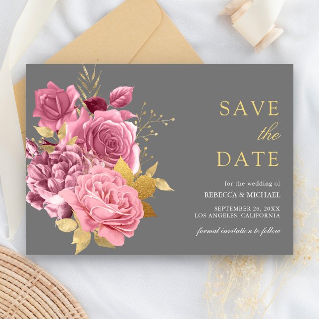 Grey Gold Dusty Mauve Pink Floral Wedding Save The Date (Creator Uploaded)