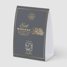 Grey & Gold Eid Mubarak QR Code Table Sign