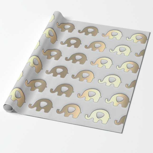 Grey Gold Elephants Baby Shower Princess Girl Boy Wrapping Paper (Unrolled)