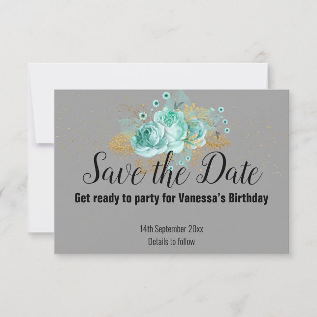 GREY GOLD FLORAL CHEVRON SAVE THE DATE RSVP CARD (Front)