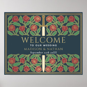 Grey Gold Floral Sword Royal Wedding Welcome Sign
