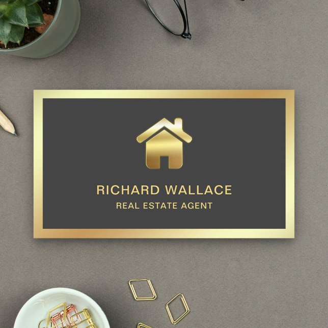 Grey Gold Foil Home Logo Real Estate Agent Business Card (Creator Uploaded)