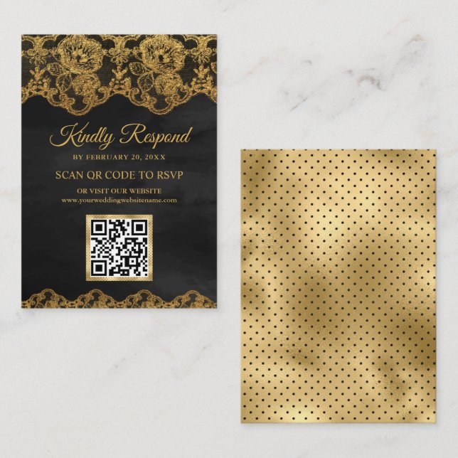 Grey Gold Foil Lace QR Code RSVP Wedding Website Enclosure Card (Front/Back)