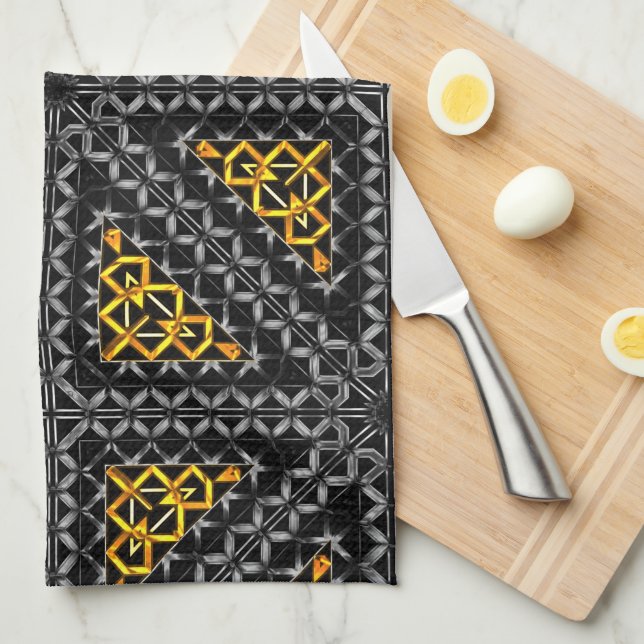 Grey gold gradient relief in kaleidoscope triangle tea towel (Quarter Fold)