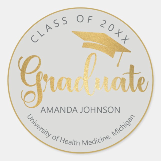 Grey Gold Graduate Name Graduation  Classic Round Sticker (Front)