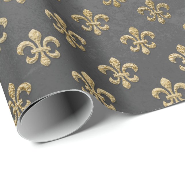 Grey Gold Grungy Fleur De Lis Royal Graphite Wrapping Paper (Roll Corner)