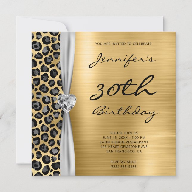 Grey Gold Leopard Foil Gem Ribbon 30th Birthday Invitation (Front)