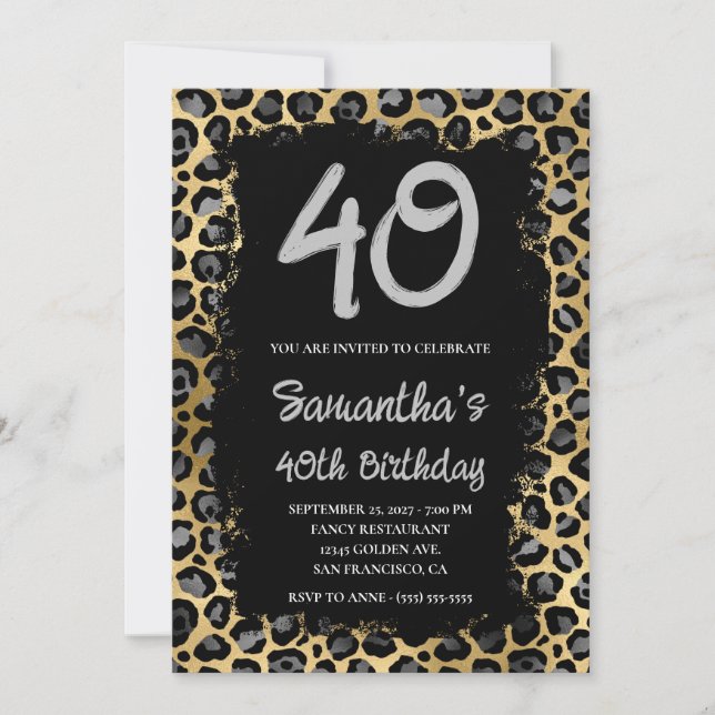 Grey Gold Leopard Painted Black 40th Birthday Invitation (Front)