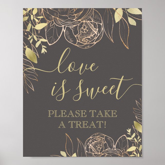 Grey & Gold Modern Floral Sweet Favour Table Poster (Front)