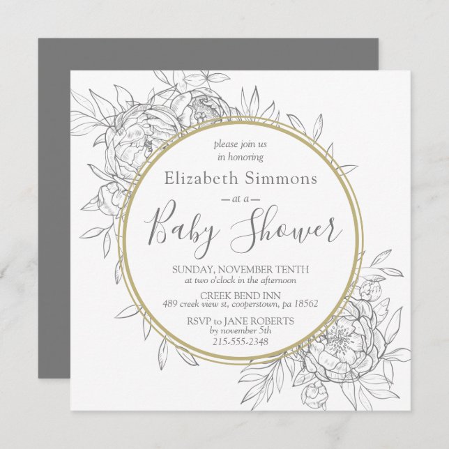 Grey & Gold Peony Modern Floral Toile Baby Shower Invitation (Front/Back)