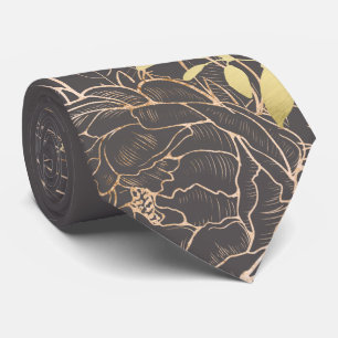 Grey & Gold Peony Modern Floral Wedding Tie