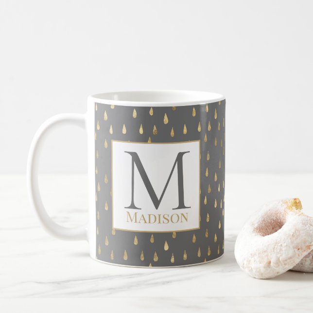 Grey Gold Raindrop Modern Trendy Monogram Coffee Mug (With Donut)