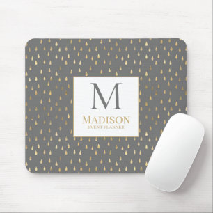 Grey Gold Raindrop Modern Trendy Monogram Mouse Pad