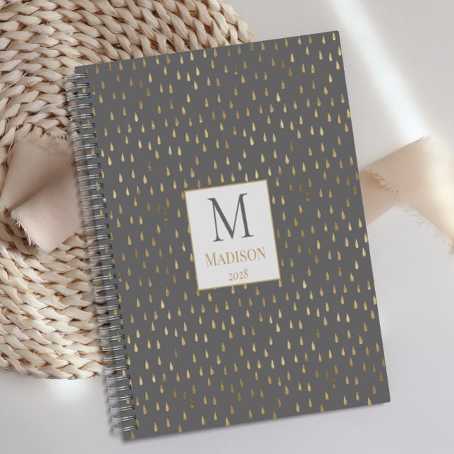 Grey Gold Raindrop Modern Trendy Monogram Planner (Creator Uploaded)
